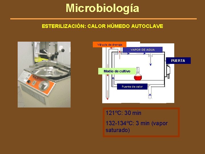 Microbiología ESTERILIZACIÓN: CALOR HÚMEDO AUTOCLAVE Válvula de drenaje VAPOR DE AGUA PUERTA Medio de