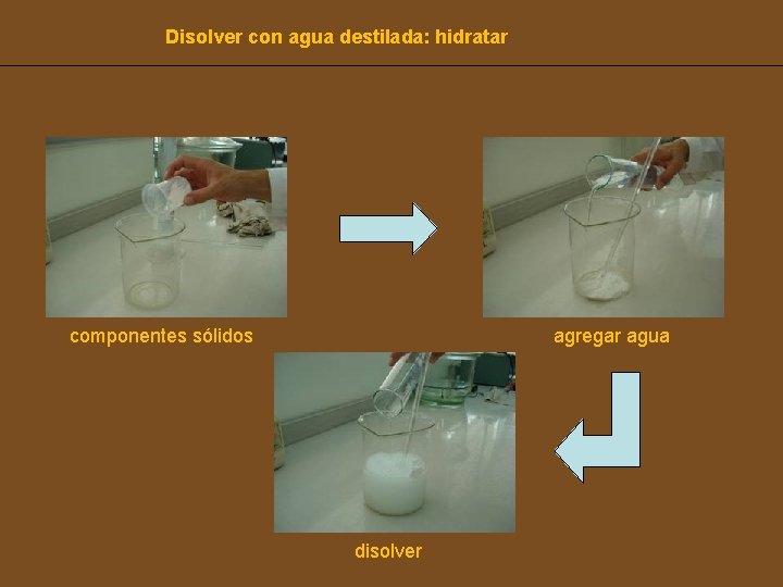 Disolver con agua destilada: hidratar componentes sólidos agregar agua disolver 
