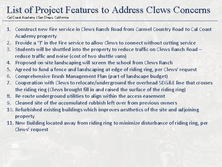 List of Project Features to Address Clews Concerns Cal Coast Academy | San Diego,