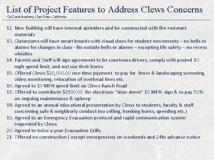 List of Project Features to Address Clews Concerns Cal Coast Academy | San Diego,