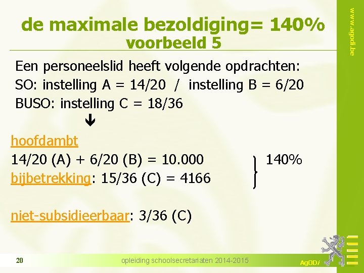 voorbeeld 5 Een personeelslid heeft volgende opdrachten: SO: instelling A = 14/20 / instelling