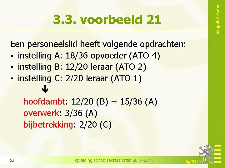 www. agodi. be 3. 3. voorbeeld 21 Een personeelslid heeft volgende opdrachten: ▪ instelling