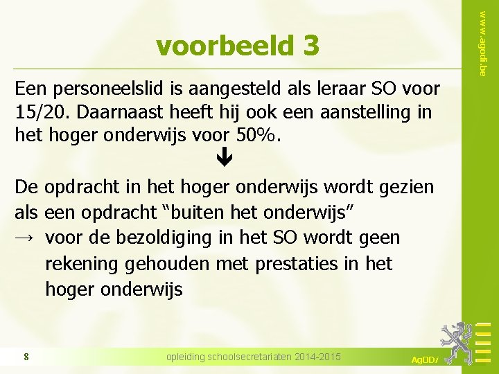 Een personeelslid is aangesteld als leraar SO voor 15/20. Daarnaast heeft hij ook een