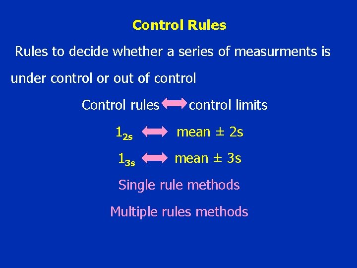 Control Rules to decide whether a series of measurments is under control or out Control Rules to decide whether a series of measurments is under control or out