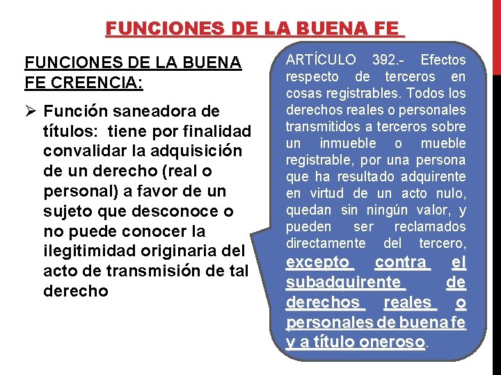 FUNCIONES DE LA BUENA FE CREENCIA: Ø Función saneadora de títulos: tiene por finalidad