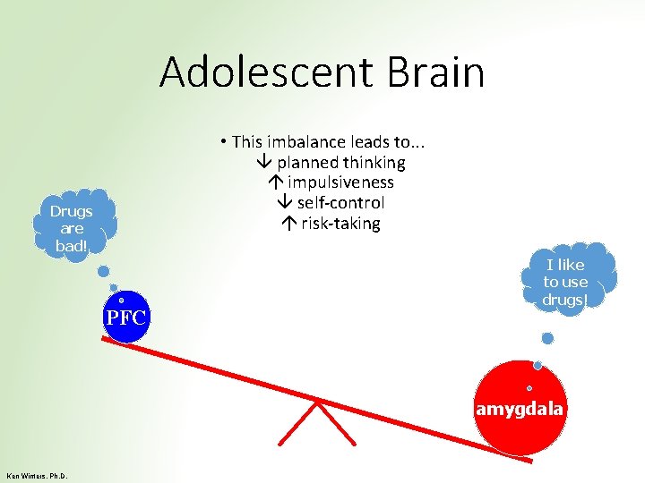 Adolescent Brain • This imbalance leads to. . . planned thinking impulsiveness self-control risk-taking