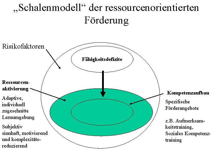 „Schalenmodell“ der ressourcenorientierten Förderung Risikofaktoren Fähigkeitsdefizite Ressourcenaktivierung Adaptive, individuell zugeschnitte Lernumgebung Subjektiv sinnhaft, motivierend