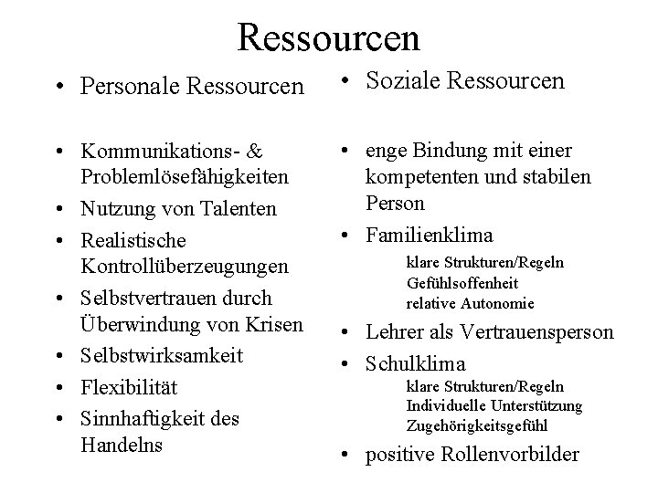 Ressourcen • Personale Ressourcen • Soziale Ressourcen • Kommunikations- & Problemlösefähigkeiten • Nutzung von