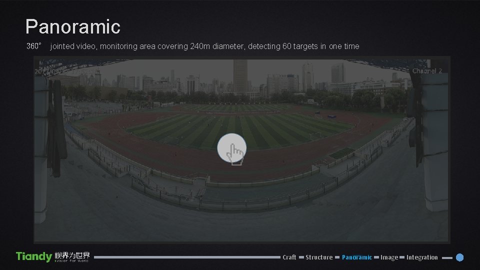 Panoramic 360° jointed video, monitoring area covering 240 m diameter, detecting 60 targets in