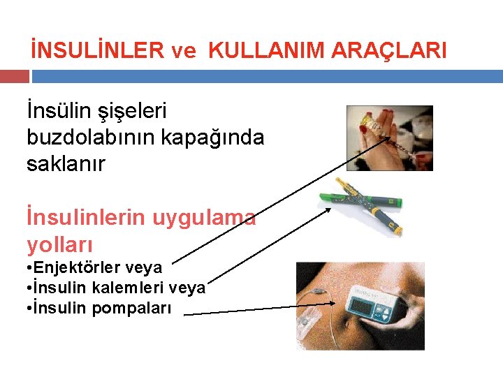 İNSULİNLER ve KULLANIM ARAÇLARI İnsülin şişeleri buzdolabının kapağında saklanır İnsulinlerin uygulama yolları • Enjektörler