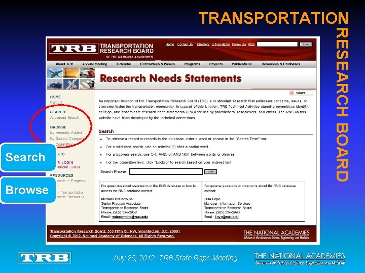 TRANSPORTATION RESEARCH BOARD Search Browse July 25, 2012 TRB State Reps Meeting 