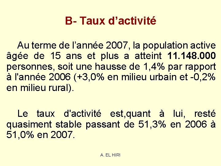 B- Taux d’activité Au terme de l’année 2007, la population active âgée de 15 B- Taux d’activité Au terme de l’année 2007, la population active âgée de 15