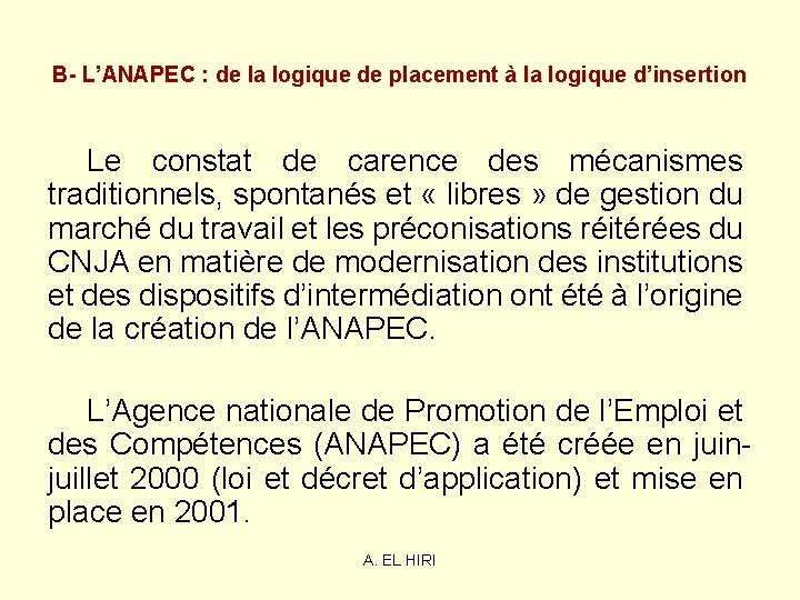 B- L’ANAPEC : de la logique de placement à la logique d’insertion Le constat B- L’ANAPEC : de la logique de placement à la logique d’insertion Le constat
