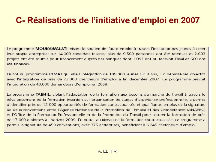 C- Réalisations de l’initiative d’emploi en 2007 A. EL HIRI C- Réalisations de l’initiative d’emploi en 2007 A. EL HIRI