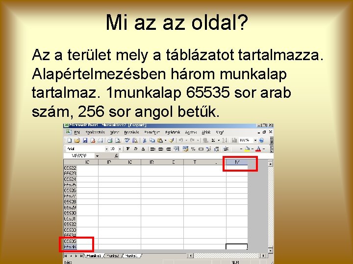 Mi az az oldal? Az a terület mely a táblázatot tartalmazza. Alapértelmezésben három munkalap