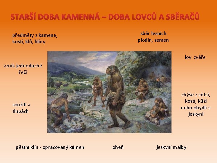 STARŠÍ DOBA KAMENNÁ – DOBA LOVCŮ A SBĚRAČŮ sběr lesních plodin, semen předměty z