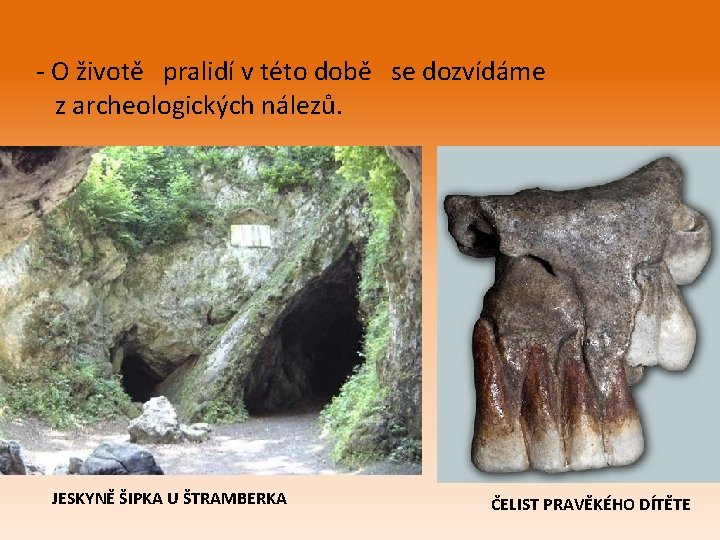 - O životě pralidí v této době se dozvídáme z archeologických nálezů. JESKYNĚ ŠIPKA