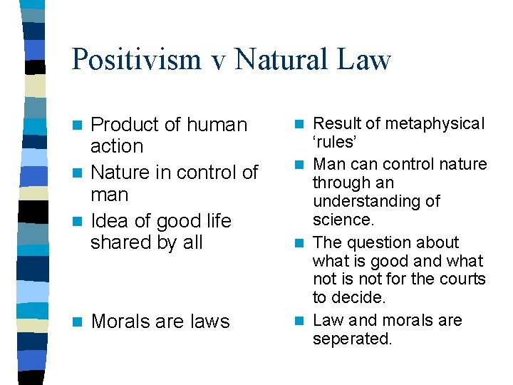 Positivism v Natural Law Product of human action n Nature in control of man