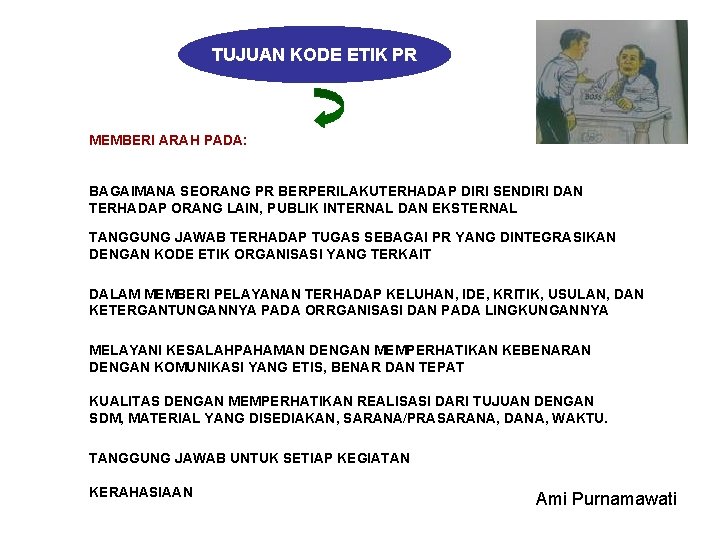 TUJUAN KODE ETIK PR MEMBERI ARAH PADA: BAGAIMANA SEORANG PR BERPERILAKUTERHADAP DIRI SENDIRI DAN