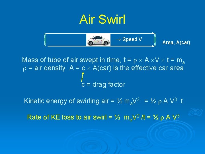 Air Swirl Speed V Area, A(car) Mass of tube of air swept in time,