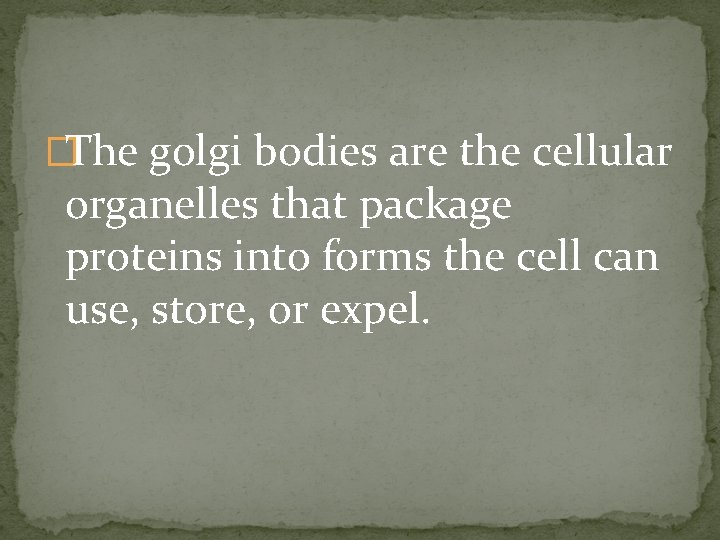 �The golgi bodies are the cellular organelles that package proteins into forms the cell