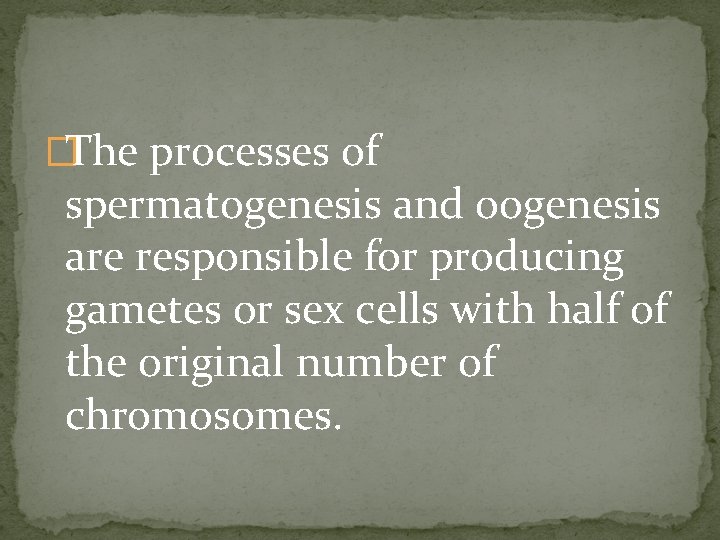 �The processes of spermatogenesis and oogenesis are responsible for producing gametes or sex cells