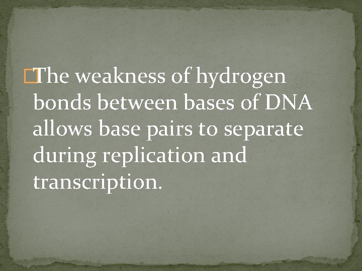 �The weakness of hydrogen bonds between bases of DNA allows base pairs to separate