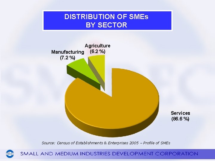 DISTRIBUTION OF SMEs BY SECTOR Agriculture Manufacturing (6. 2 %) (7. 2 %) Services