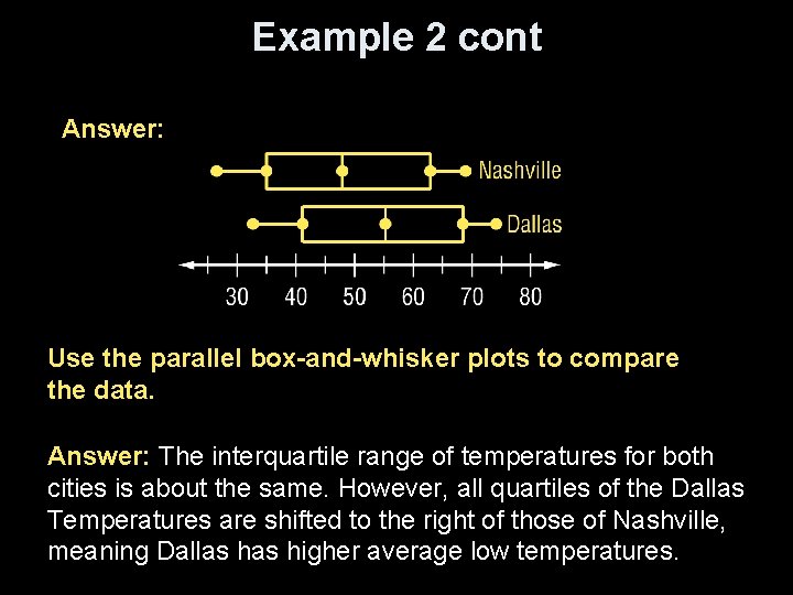 Example 2 cont Answer: Use the parallel box-and-whisker plots to compare the data. Answer: