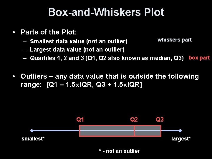 Box-and-Whiskers Plot • Parts of the Plot: whiskers part – Smallest data value (not