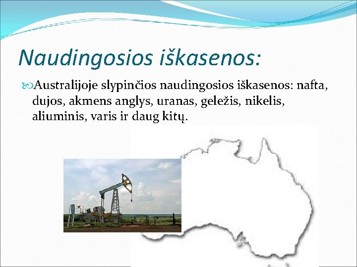 Naudingosios iškasenos: Australijoje slypinčios naudingosios iškasenos: nafta, dujos, akmens anglys, uranas, geležis, nikelis, aliuminis,