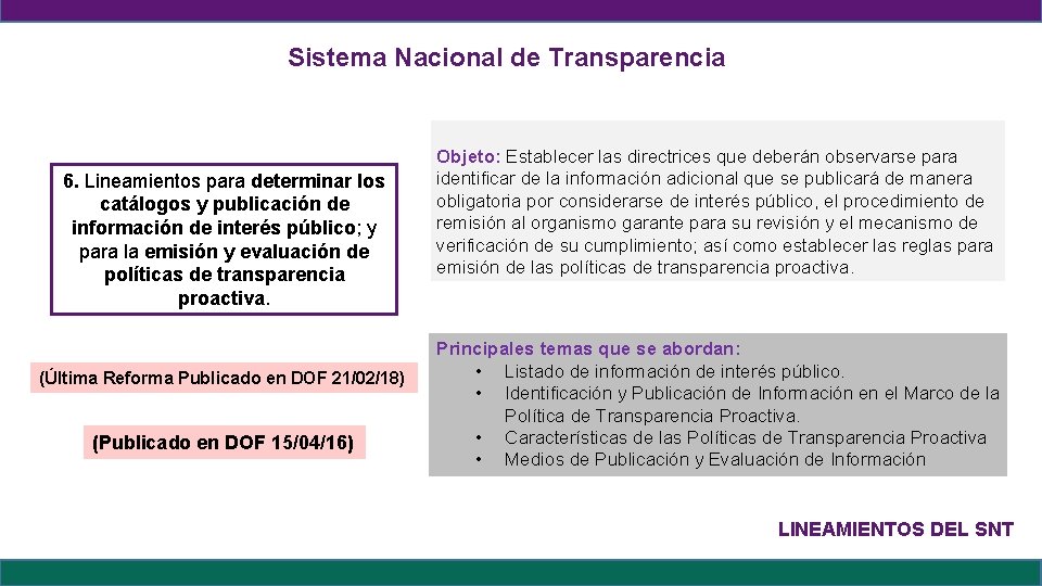 Sistema Nacional de Transparencia 6. Lineamientos para determinar los catálogos y publicación de información