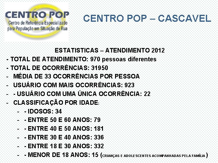 CENTRO POP – CASCAVEL ESTATISTICAS – ATENDIMENTO 2012 - TOTAL DE ATENDIMENTO: 970 pessoas