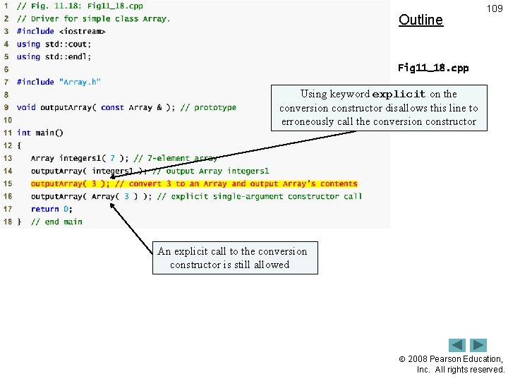 Outline 109 Fig 11_18. cpp (1 of 2)on the Using keyword explicit conversion constructor