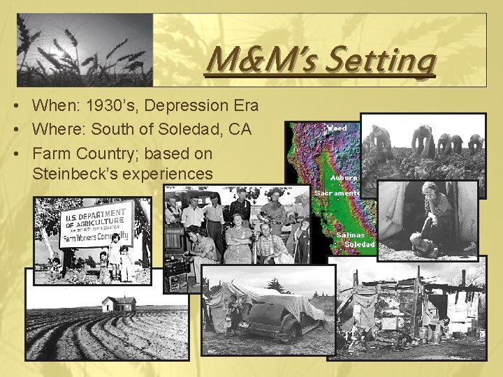 M&M’s Setting • When: 1930’s, Depression Era • Where: South of Soledad, CA •