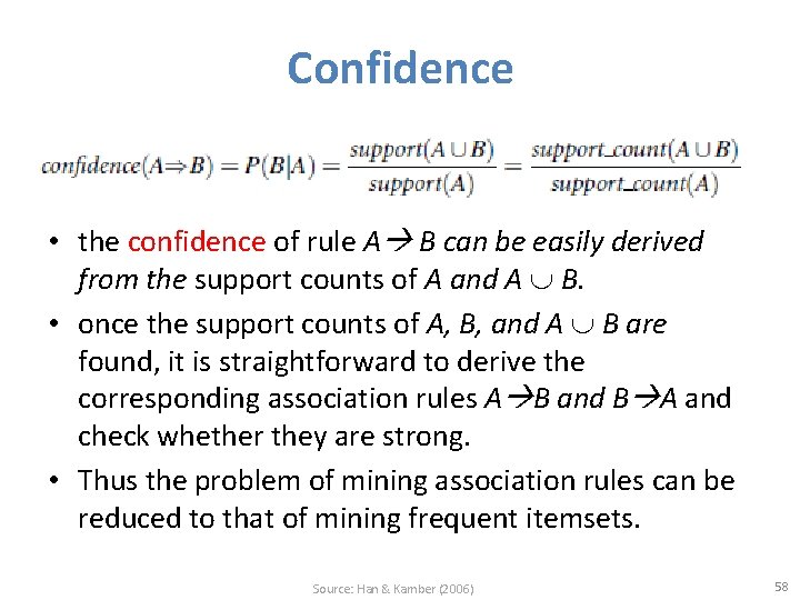 Confidence • the confidence of rule A B can be easily derived from the