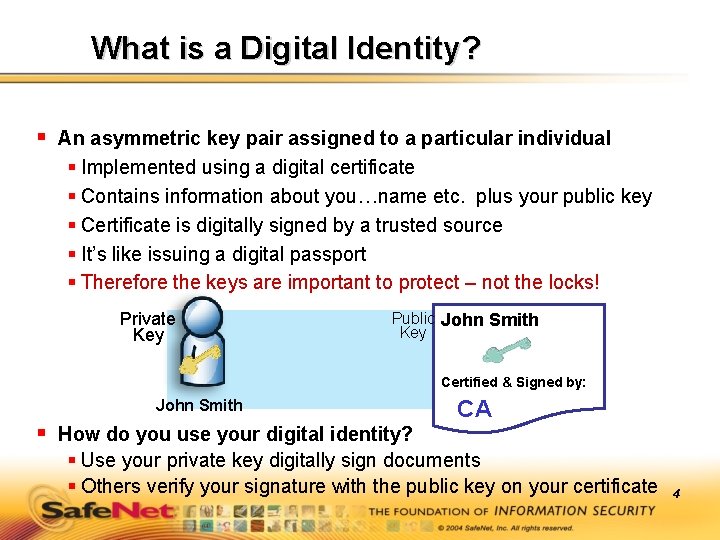 What is a Digital Identity? § An asymmetric key pair assigned to a particular