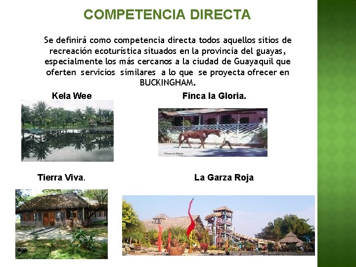 COMPETENCIA DIRECTA Se definirá como competencia directa todos aquellos sitios de recreación ecoturística situados