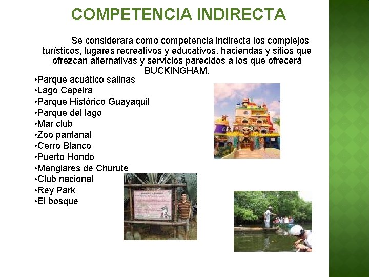 COMPETENCIA INDIRECTA Se considerara como competencia indirecta los complejos turísticos, lugares recreativos y educativos,