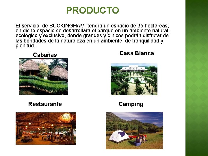 PRODUCTO El servicio de BUCKINGHAM tendrá un espacio de 35 hectáreas, en dicho espacio