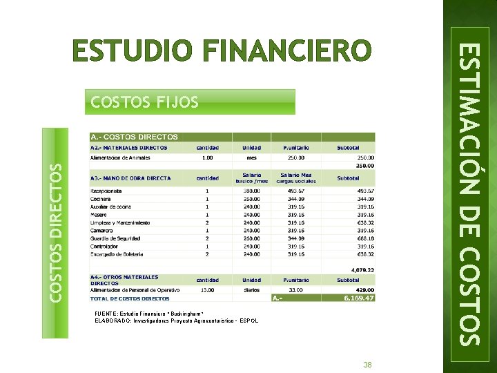 COSTOS DIRECTOS COSTOS FIJOS FUENTE: Estudio Financiero “Buckingham” ELABORADO: Investigadores Proyecto Agroecoturistico – ESPOL