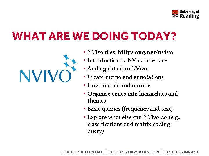WHAT ARE WE DOING TODAY? NVivo files: billywong. net/nvivo Introduction to NVivo interface Adding