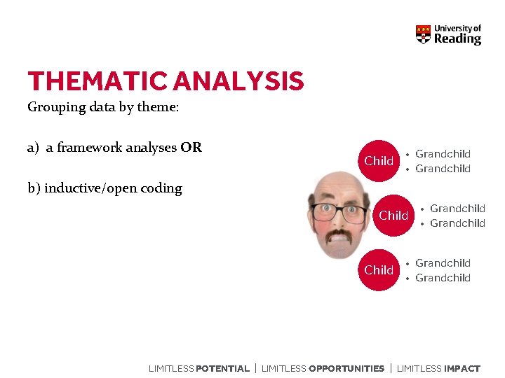 THEMATIC ANALYSIS Grouping data by theme: a) a framework analyses OR Child • Grandchild