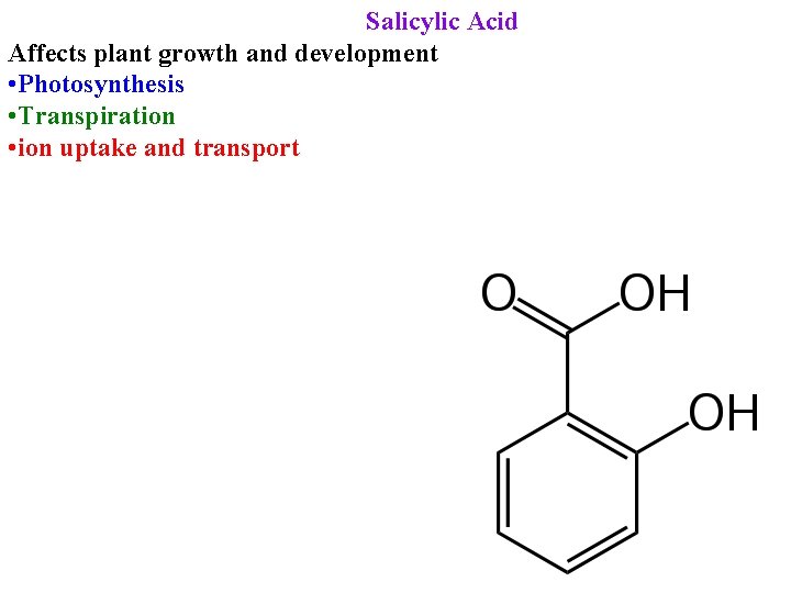 Salicylic Acid Affects plant growth and development • Photosynthesis • Transpiration • ion uptake