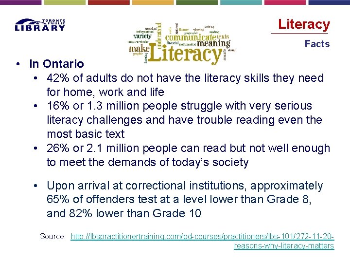 Literacy Facts • In Ontario • 42% of adults do not have the literacy