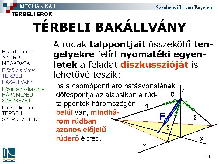 MECHANIKA I. TÉRBELI ERŐK Széchenyi István Egyetem TÉRBELI BAKÁLLVÁNY Első dia címe: AZ ERŐ