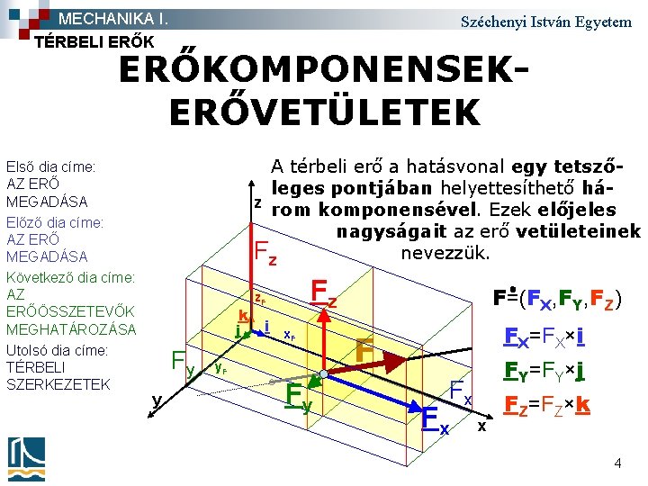 MECHANIKA I. TÉRBELI ERŐK Széchenyi István Egyetem ERŐKOMPONENSEKERŐVETÜLETEK Első dia címe: AZ ERŐ MEGADÁSA