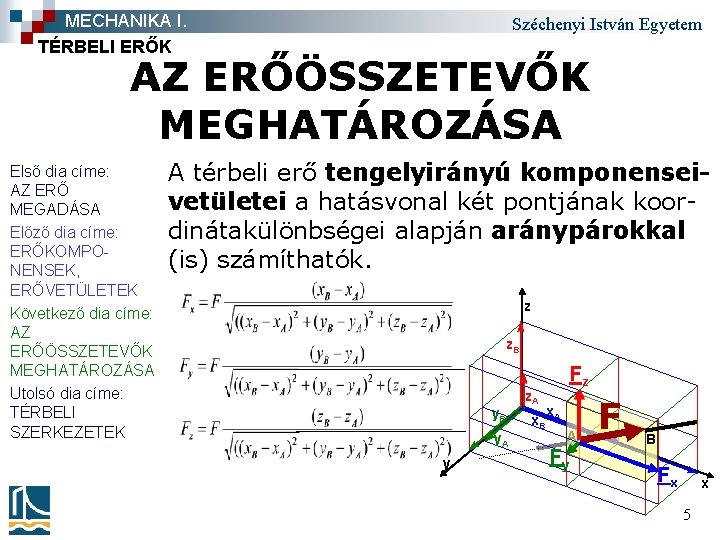 MECHANIKA I. TÉRBELI ERŐK Széchenyi István Egyetem AZ ERŐÖSSZETEVŐK MEGHATÁROZÁSA Első dia címe: AZ