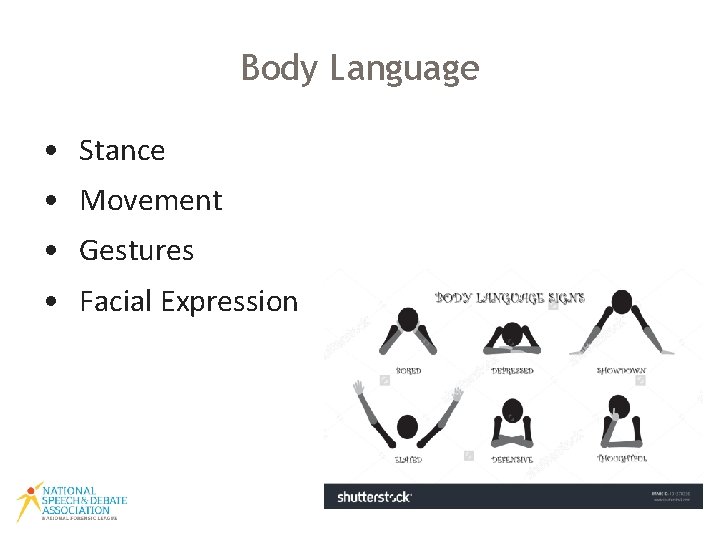 Body Language • Stance • Movement • Gestures • Facial Expression 