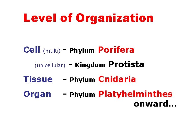 Level of Organization Cell (multi) - (unicellular) Phylum - Porifera Kingdom Protista Tissue -